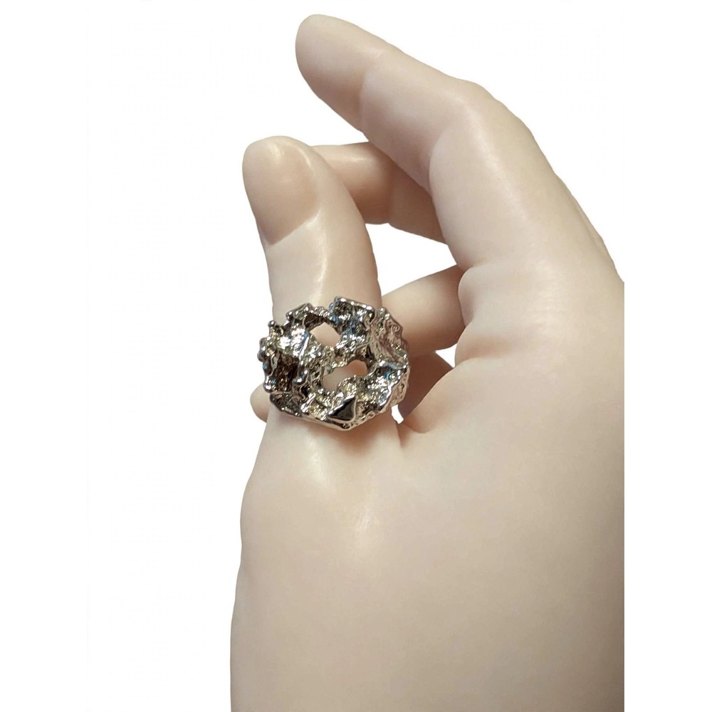 VTG Deadstock VOGUE Brutalist Nugget Ring Adjustable Silver Tone 70s Statement